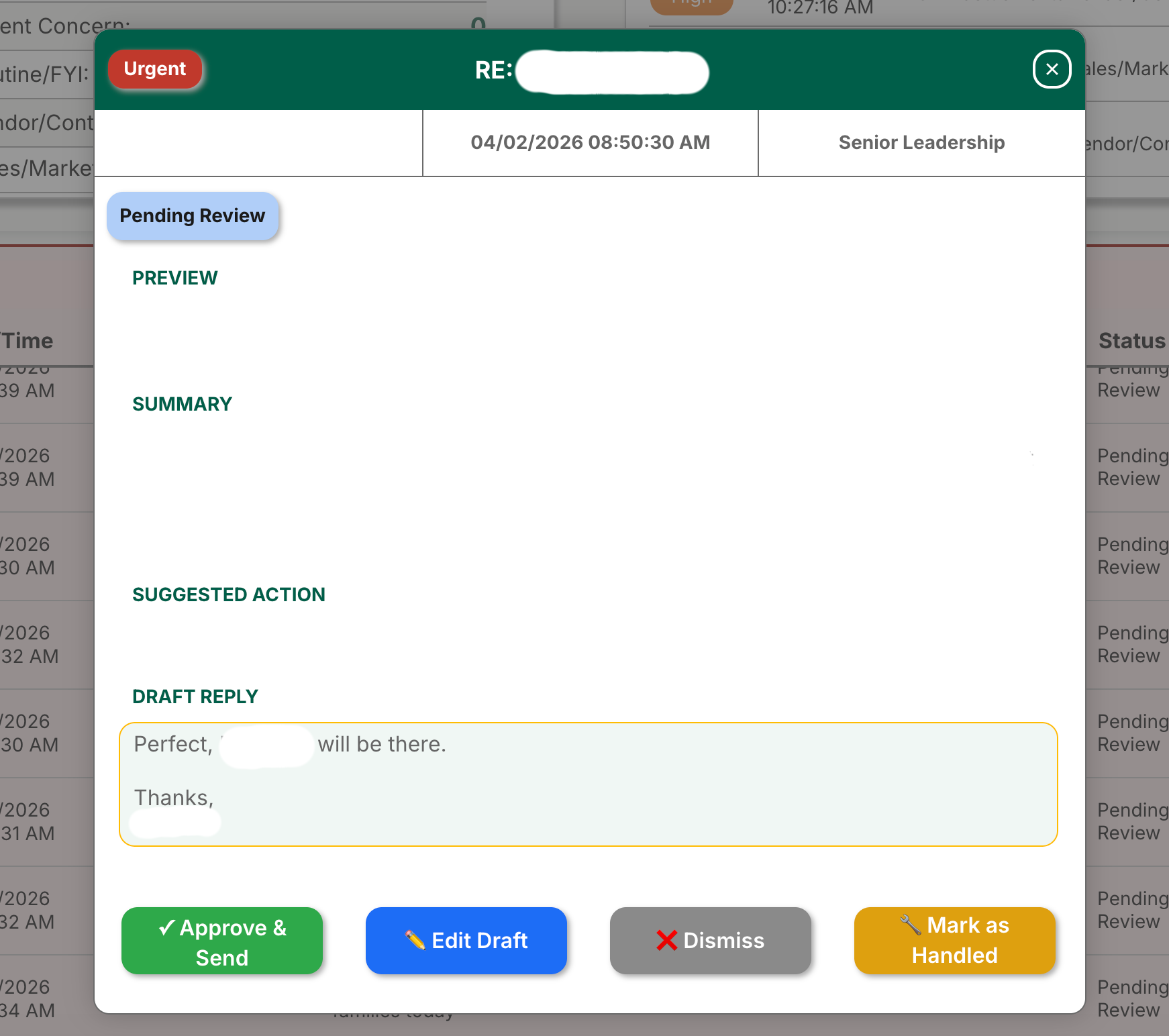 Email detail panel showing preview, summary, and draft reply