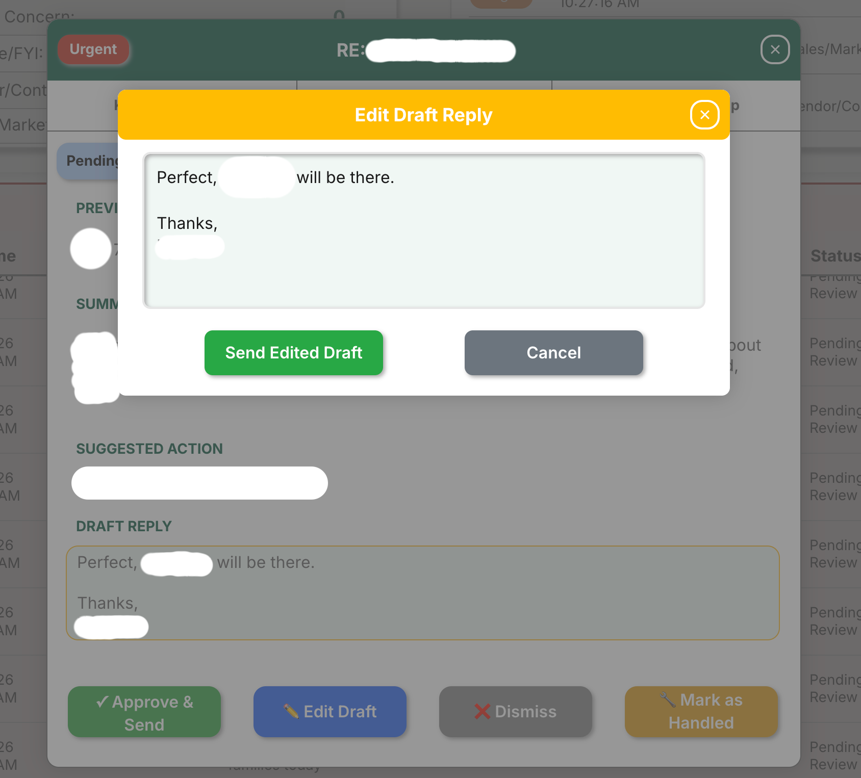 Edit draft modal for modifying reply before sending