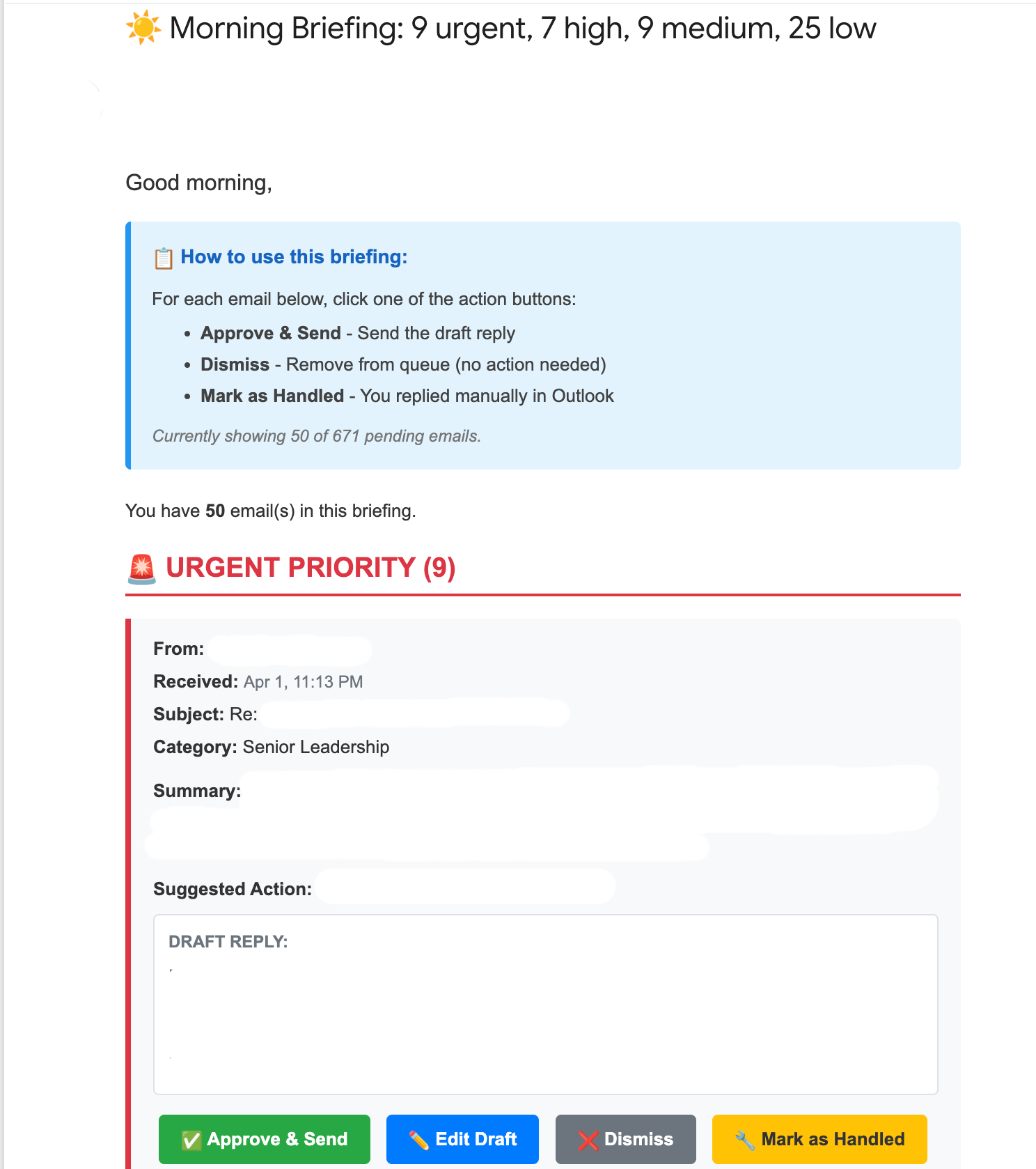 Morning briefing email showing prioritized list with AI summaries and draft replies